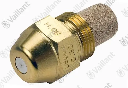 Vaillant Brennerdüse aus Metall mit runder Kopfstruktur und porösem Filter. Gewinde zur Montage an Heizsystemen.